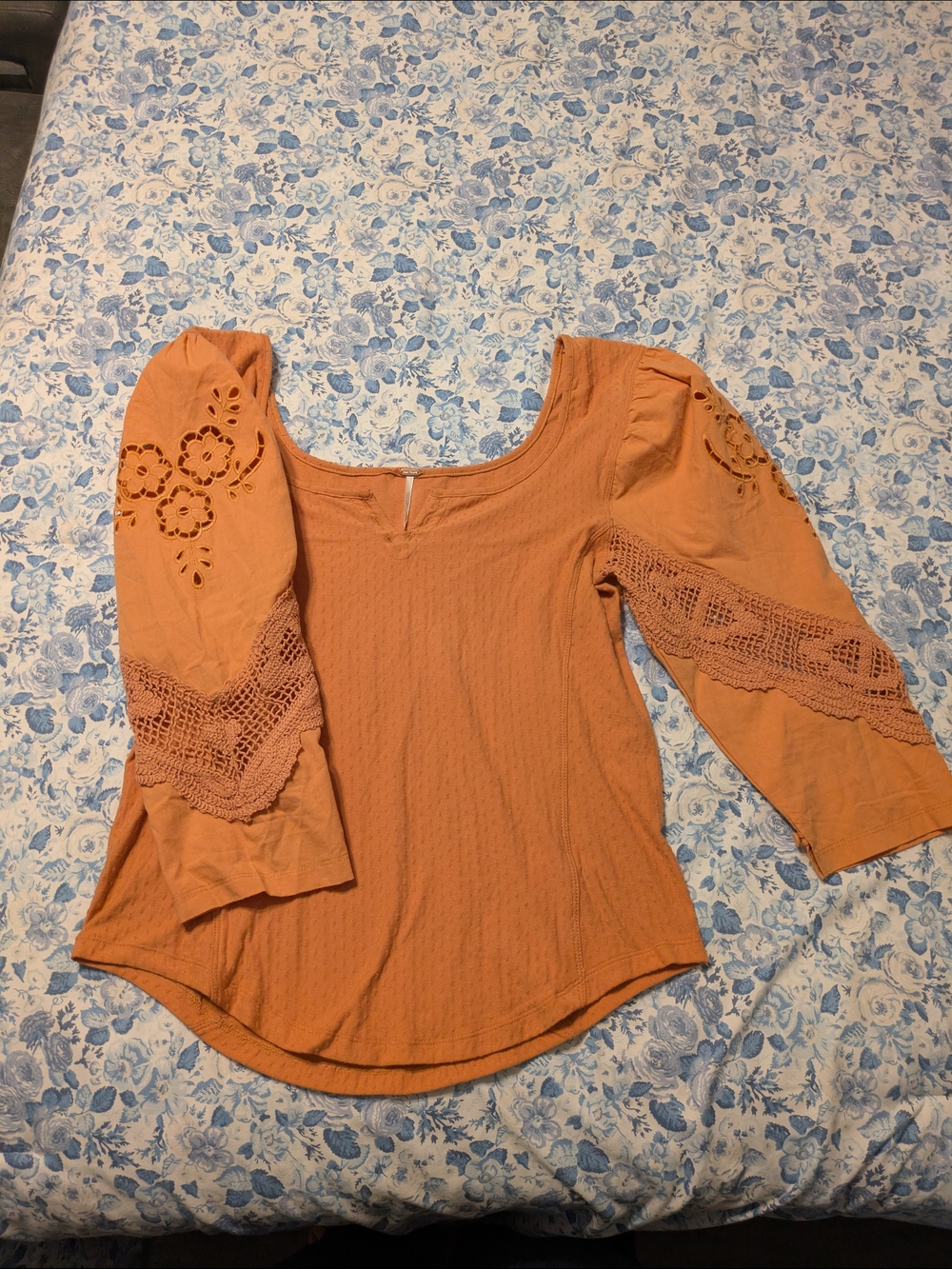 Free People Peach/Orange Eyelet Henley Blouse - Picture 2 of 5